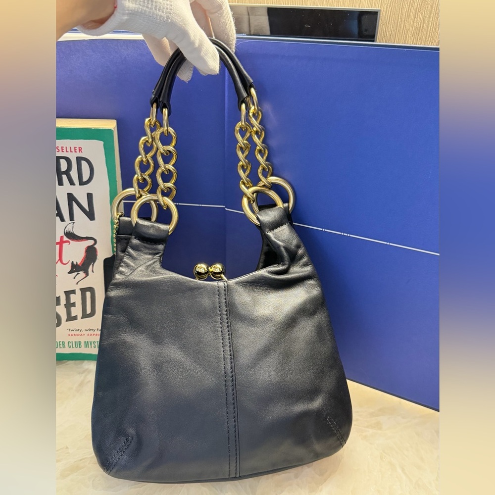 Rare Vintage Coach Black Leather Shoulder Bag with Gold Chain Handles